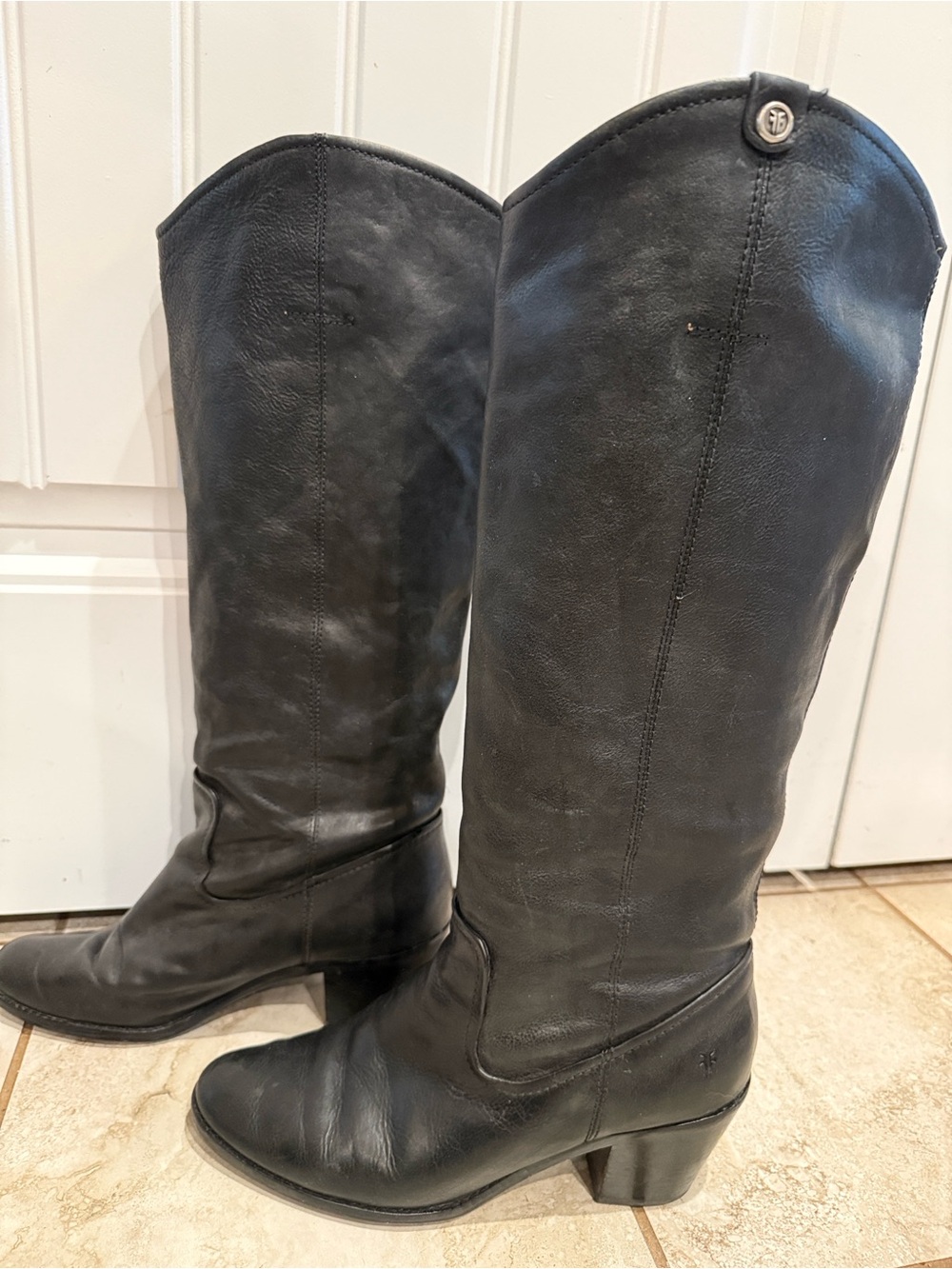 Frye Jackie Black Leather Knee-High Heeled Boots